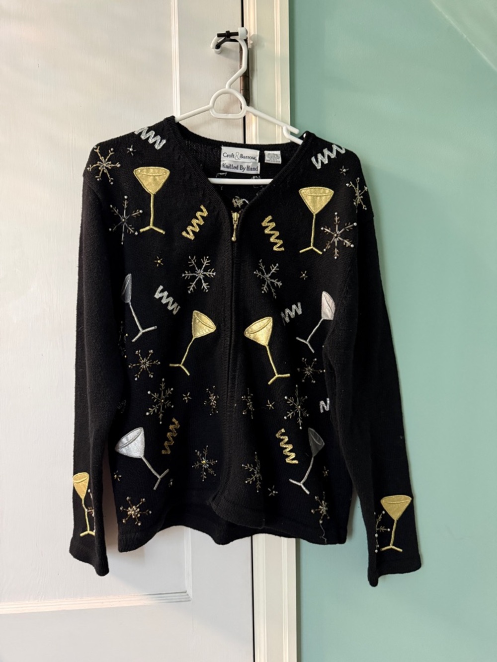 croft & barrow Black Zip Holiday Sweater with Gold & Silver Embroidery